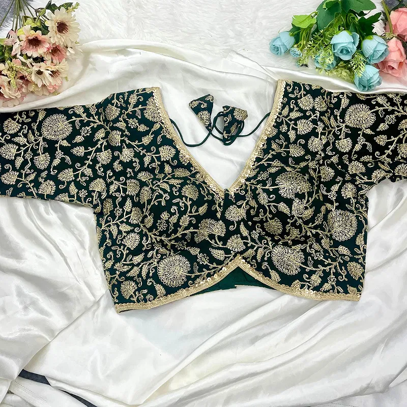 Bottle Green Color Thread Work Deep Neck Embroidered Blouse
