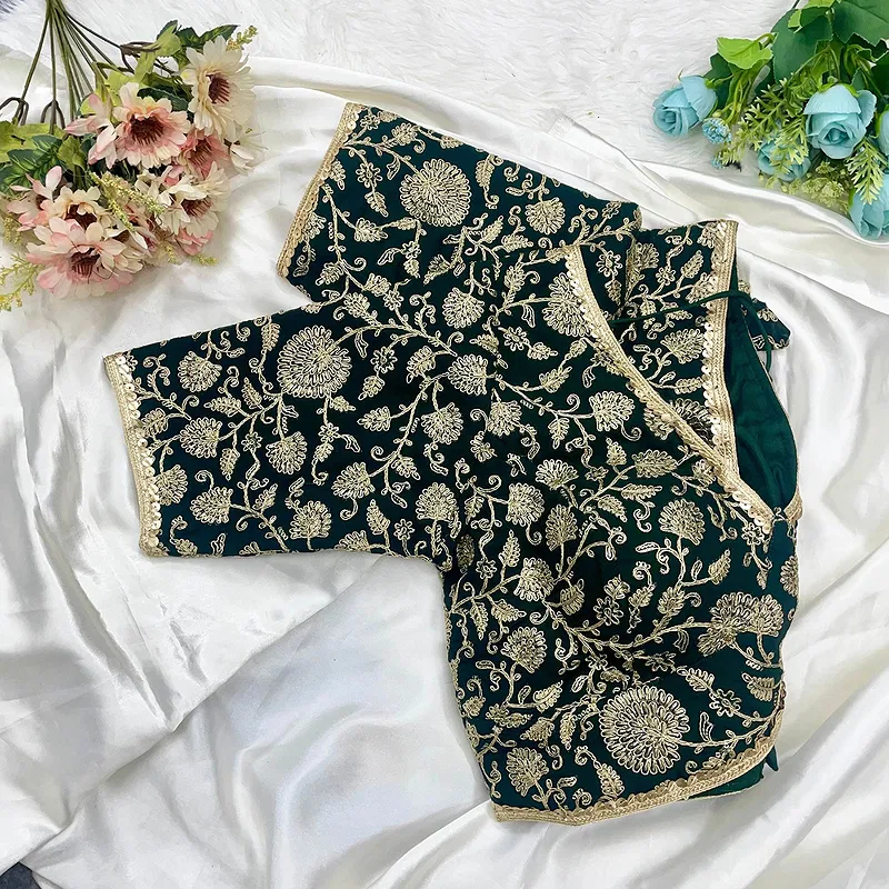 Bottle Green Color Thread Work Deep Neck Embroidered Blouse