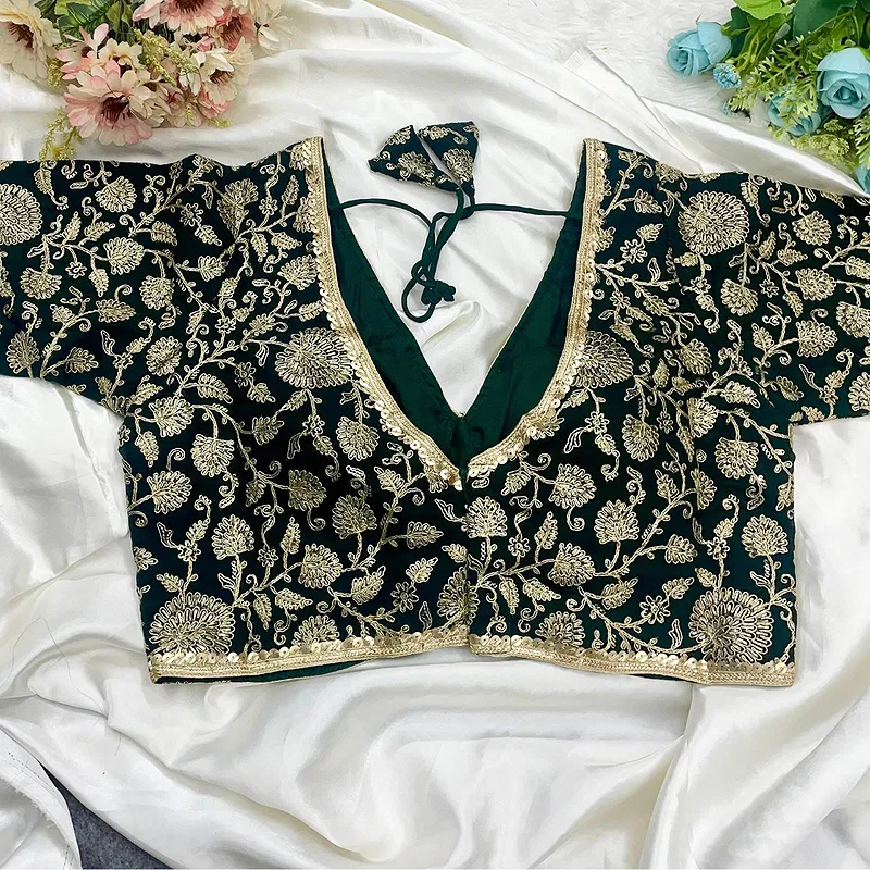 Bottle Green Color Thread Work Deep Neck Embroidered Blouse