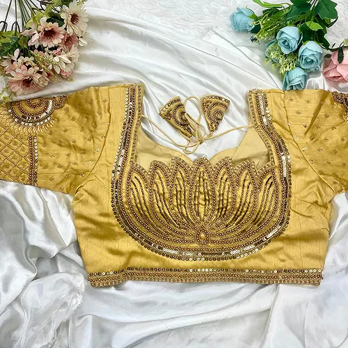 Gold Italian Silk Blouse with Heavy Beads and Sequence Work 